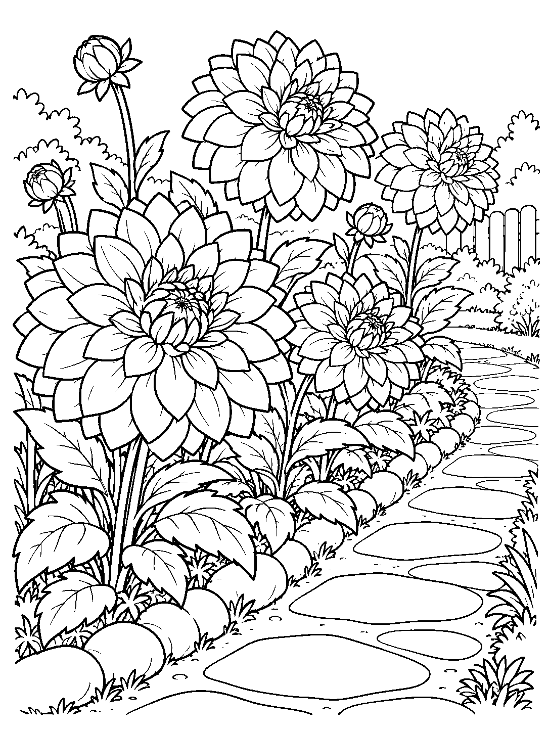 Large dahlias and smaller blooms border a gently curved stepping-stone garden path.