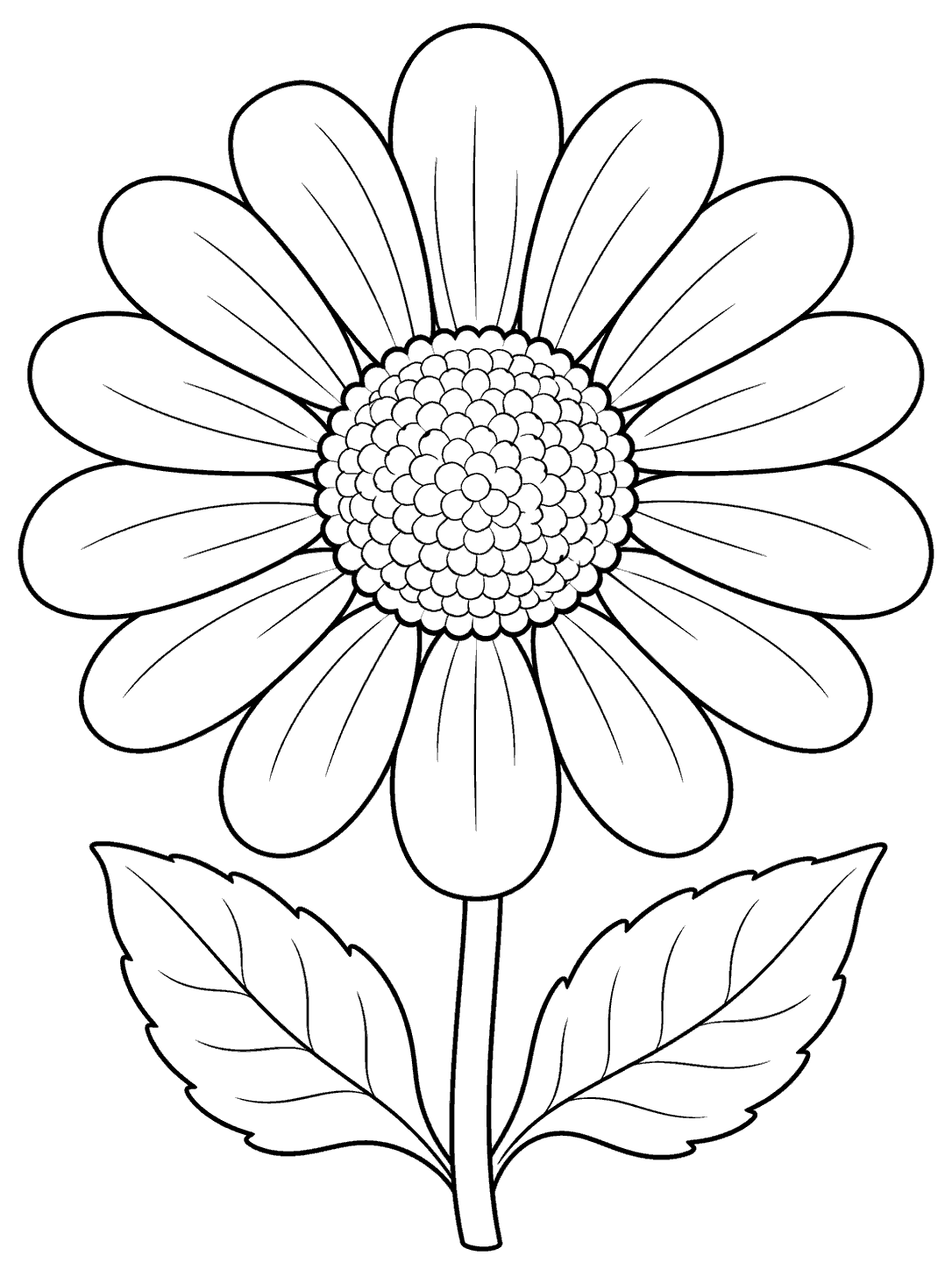 Single front-facing daisy coloring page with a stem and two leaves
