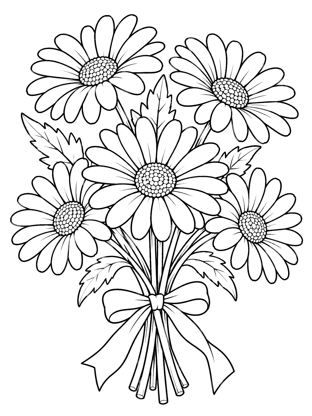 Portrait coloring page showing five outlined daisies with leafy stems tied in a ribbon bow