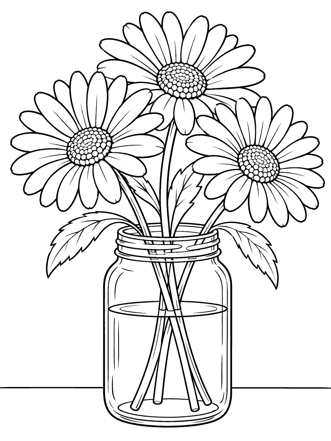 Black outline coloring page showing three daisies with visible stems in a clear mason jar.