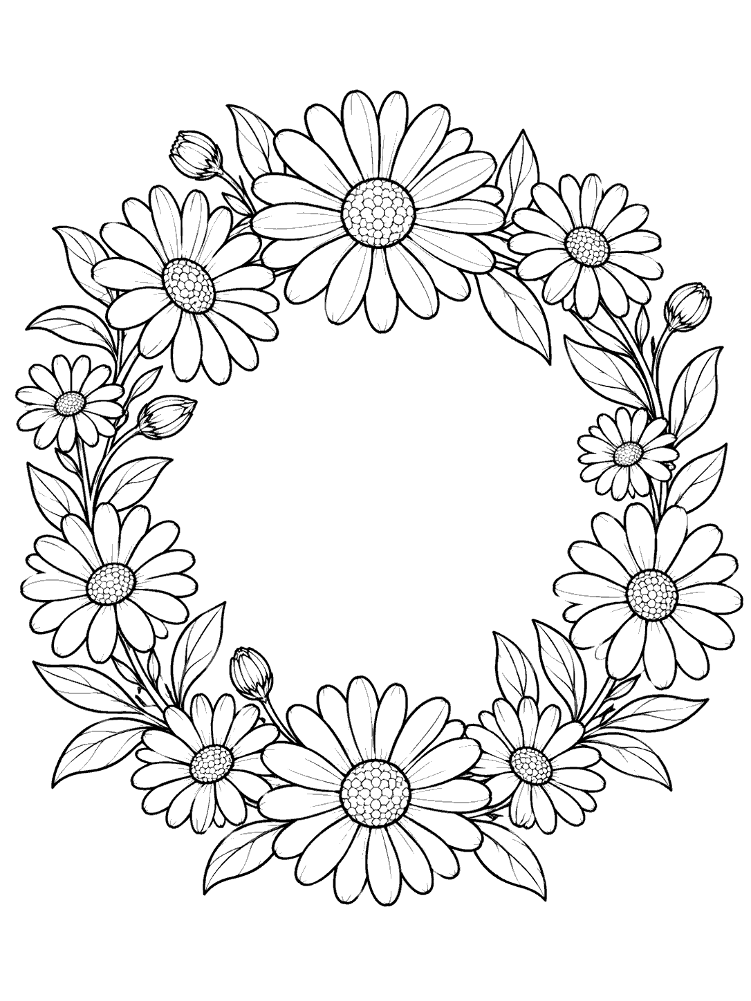 Portrait coloring page with a circular wreath of daisies and leaves surrounding an empty center.