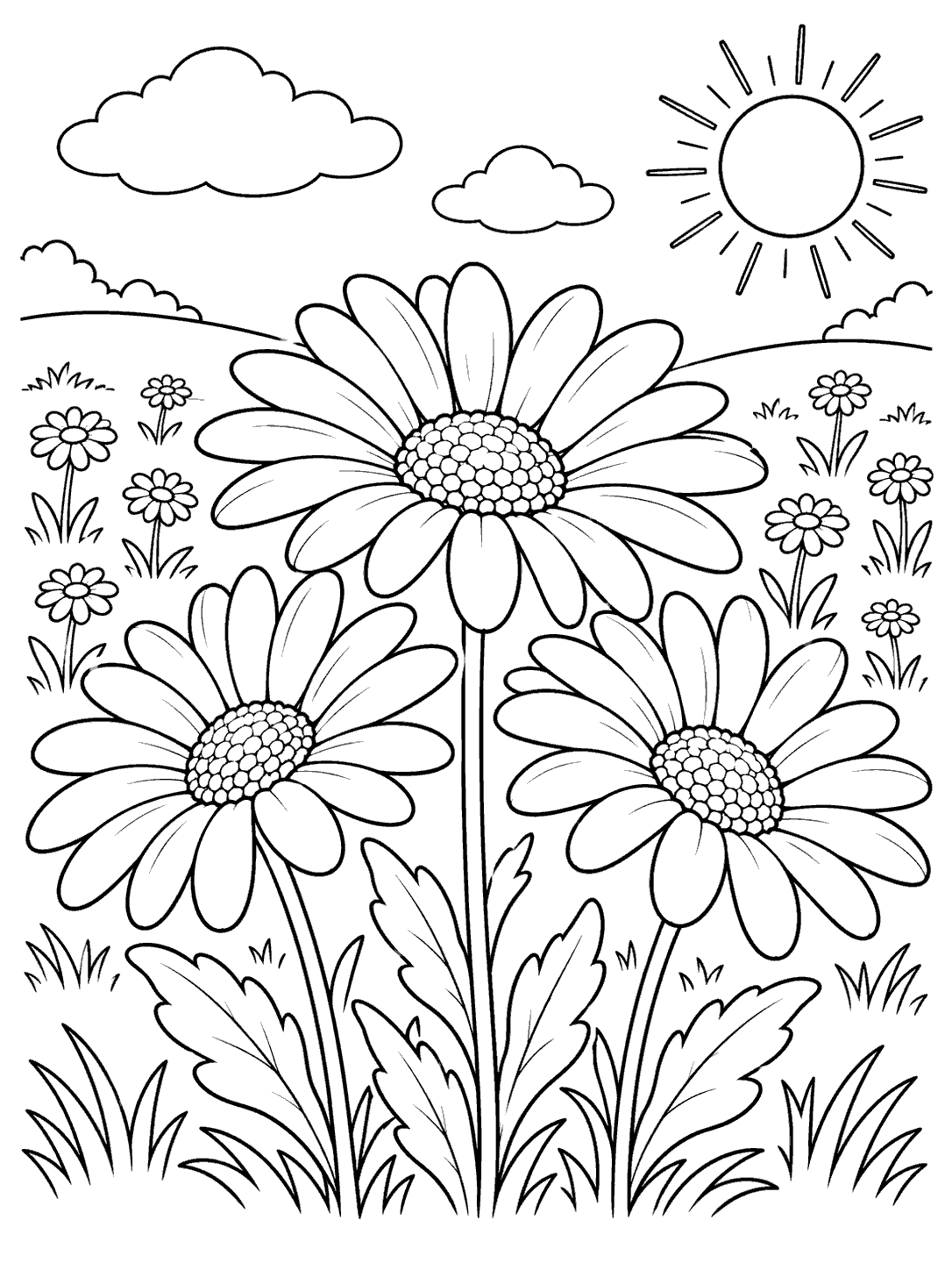 Three large daisies and smaller flowers in a rolling field coloring page