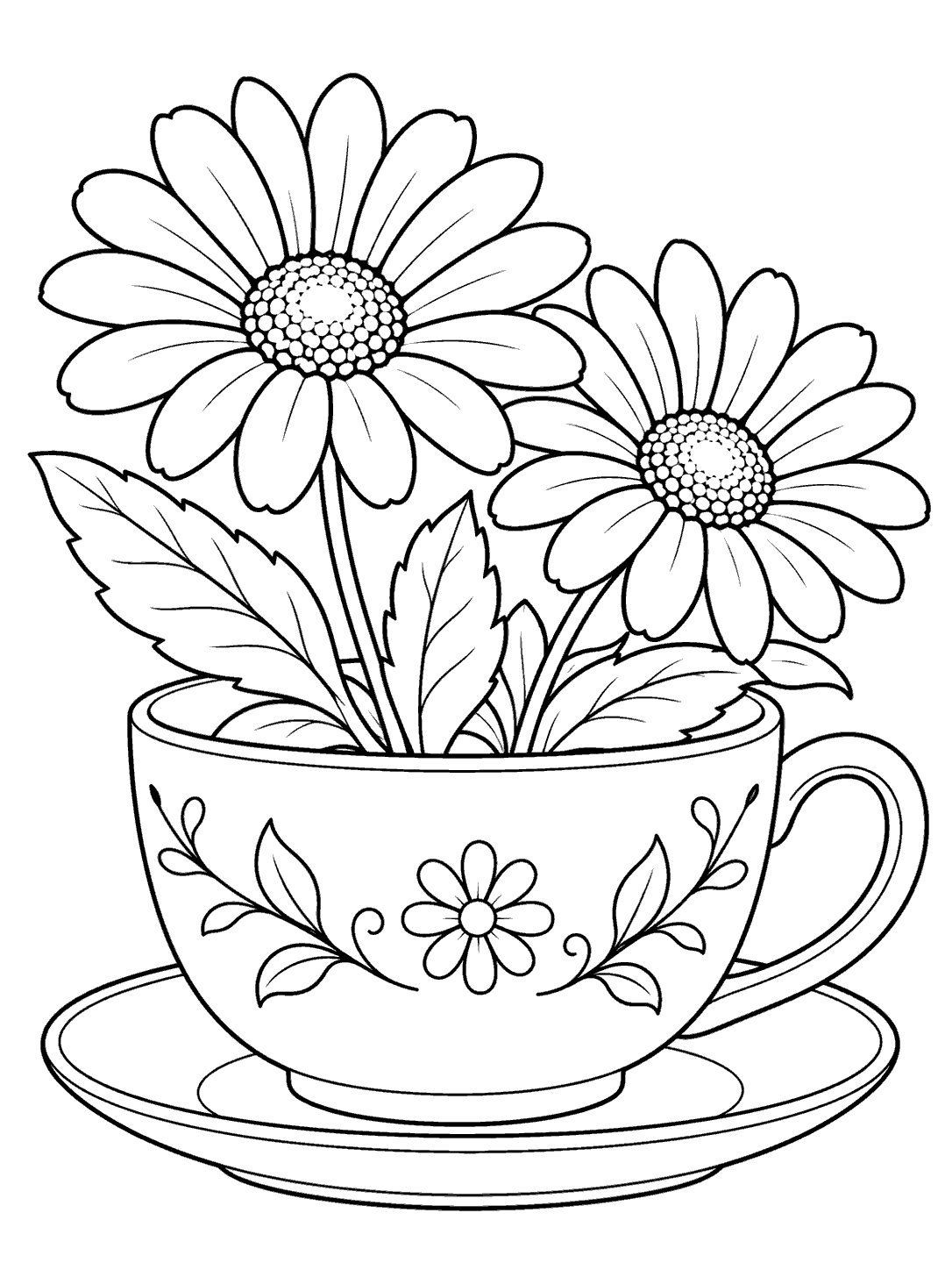 Two daisies arranged in a decorated teacup flower pot on a saucer, in black-and-white coloring page line art.