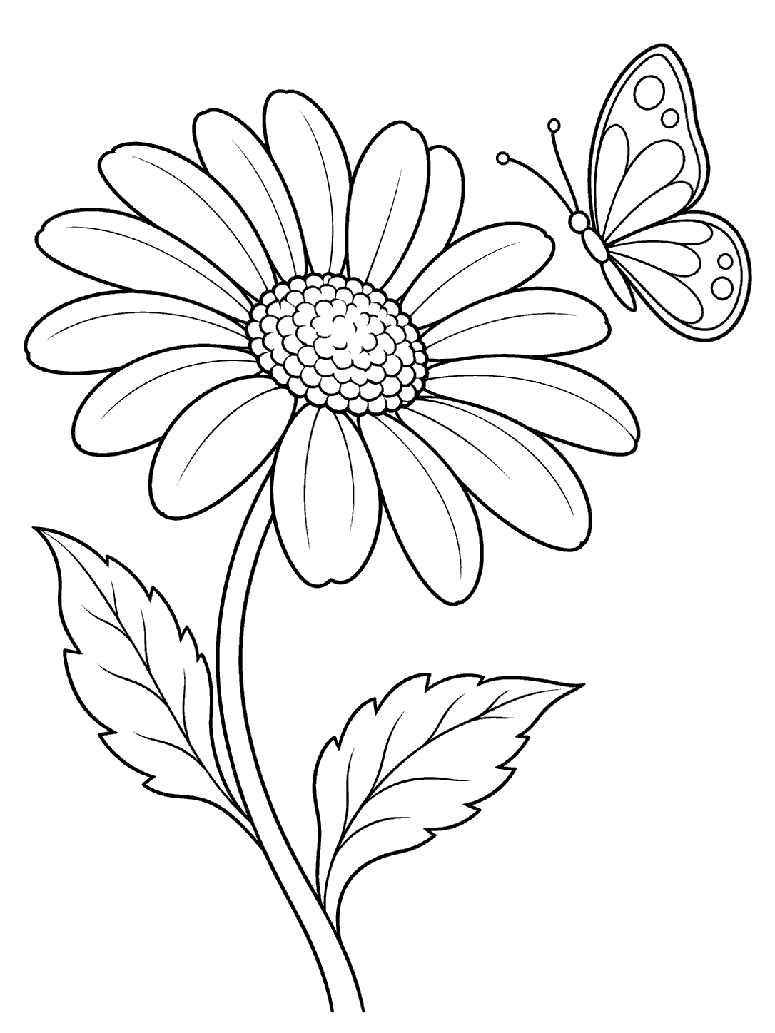 Black-and-white coloring page of a large daisy on a curved stem with a butterfly beside its petals.