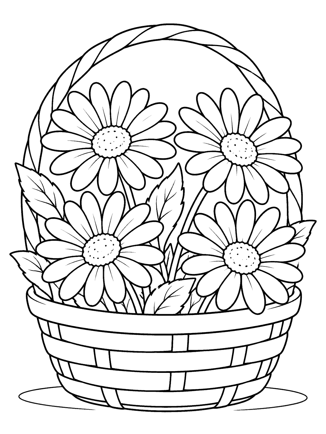 Black-and-white coloring page of four daisies in a handled basket, with leafy stems and a simple ground line.