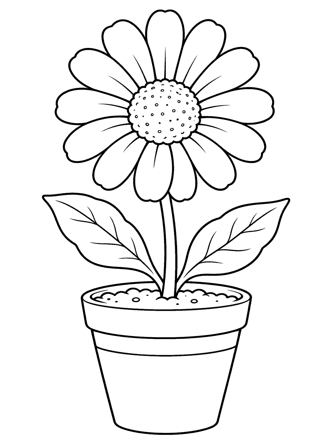 Black line art of a daisy growing in a tapered flowerpot with two leaves and a visible soil line.