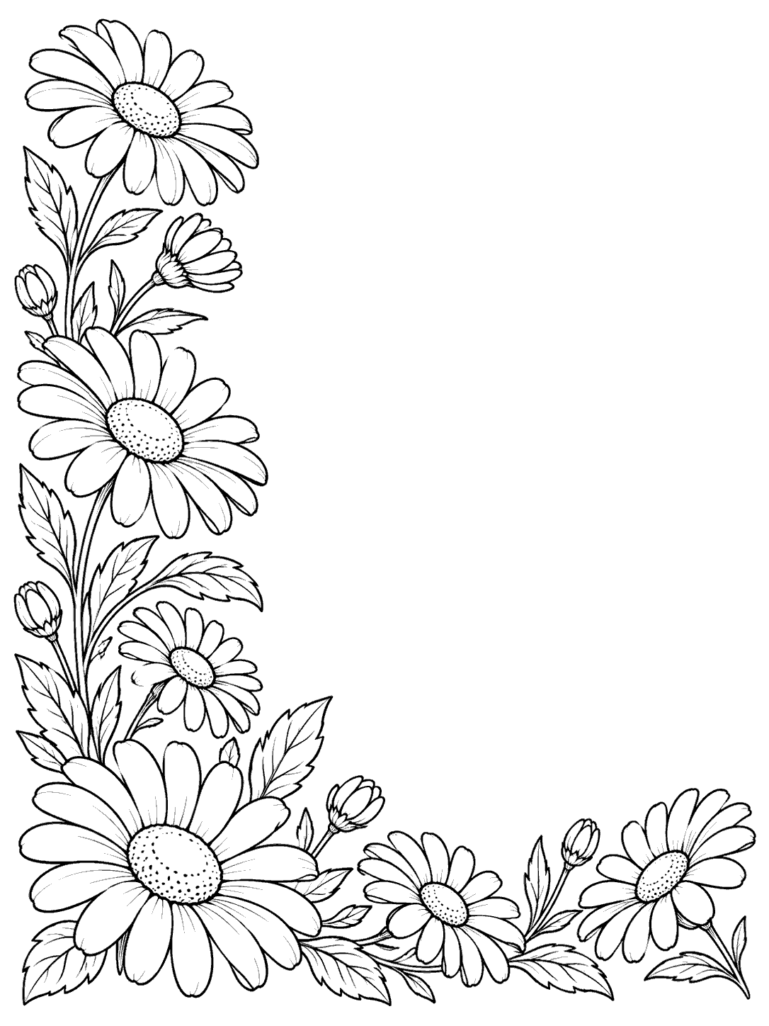 Black outline coloring page with varied daisies and leaves along the left and bottom edges on white.
