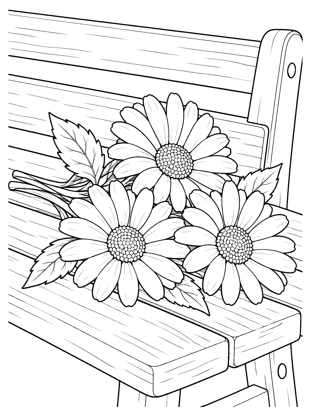 Three large daisies with leaves resting on a slatted wooden garden bench coloring page