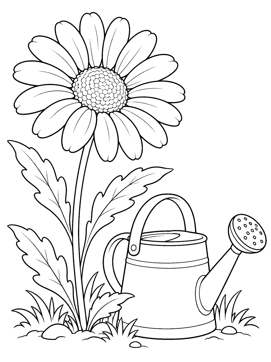 Printable coloring page with a large daisy and leaves beside a watering can with a handle, spout, and sprinkler head.
