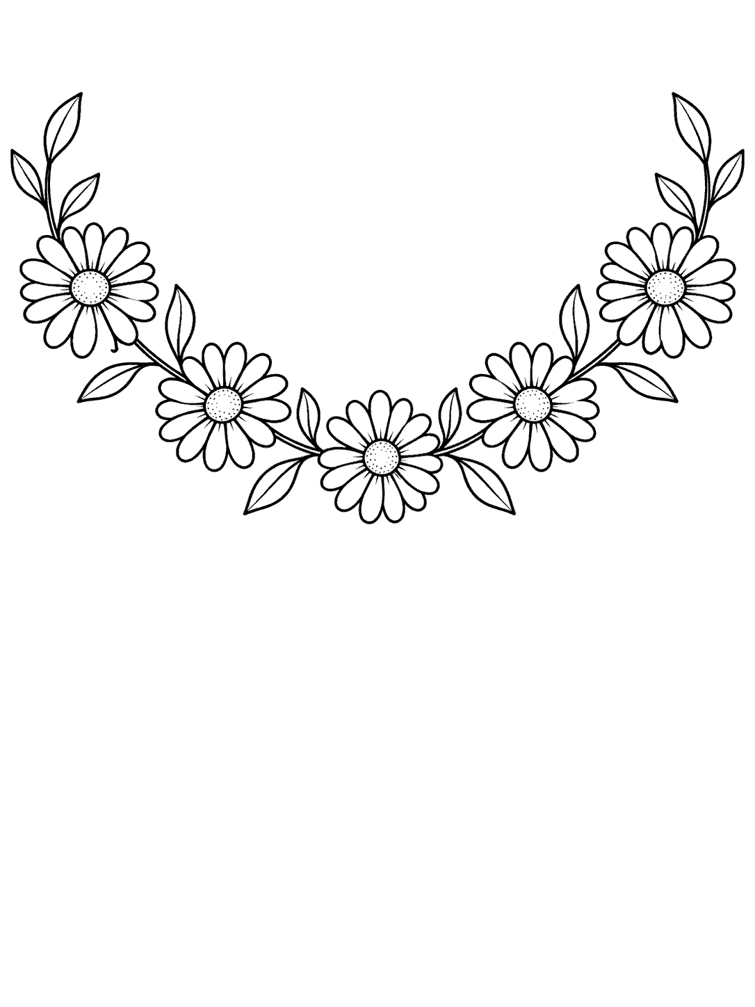 Black ink coloring page showing five daisies joined by leafy sprigs in a broad shallow curve, with open white space below.