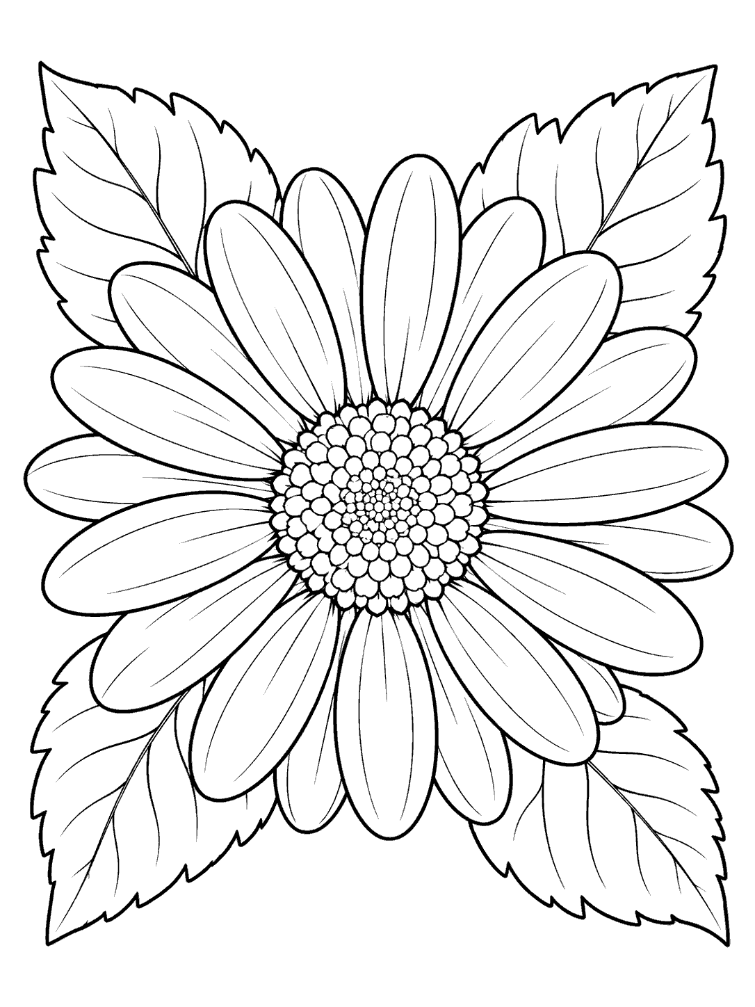 Portrait daisy coloring page with a dense textured center, long radial petals, and broad veined leaves behind it.