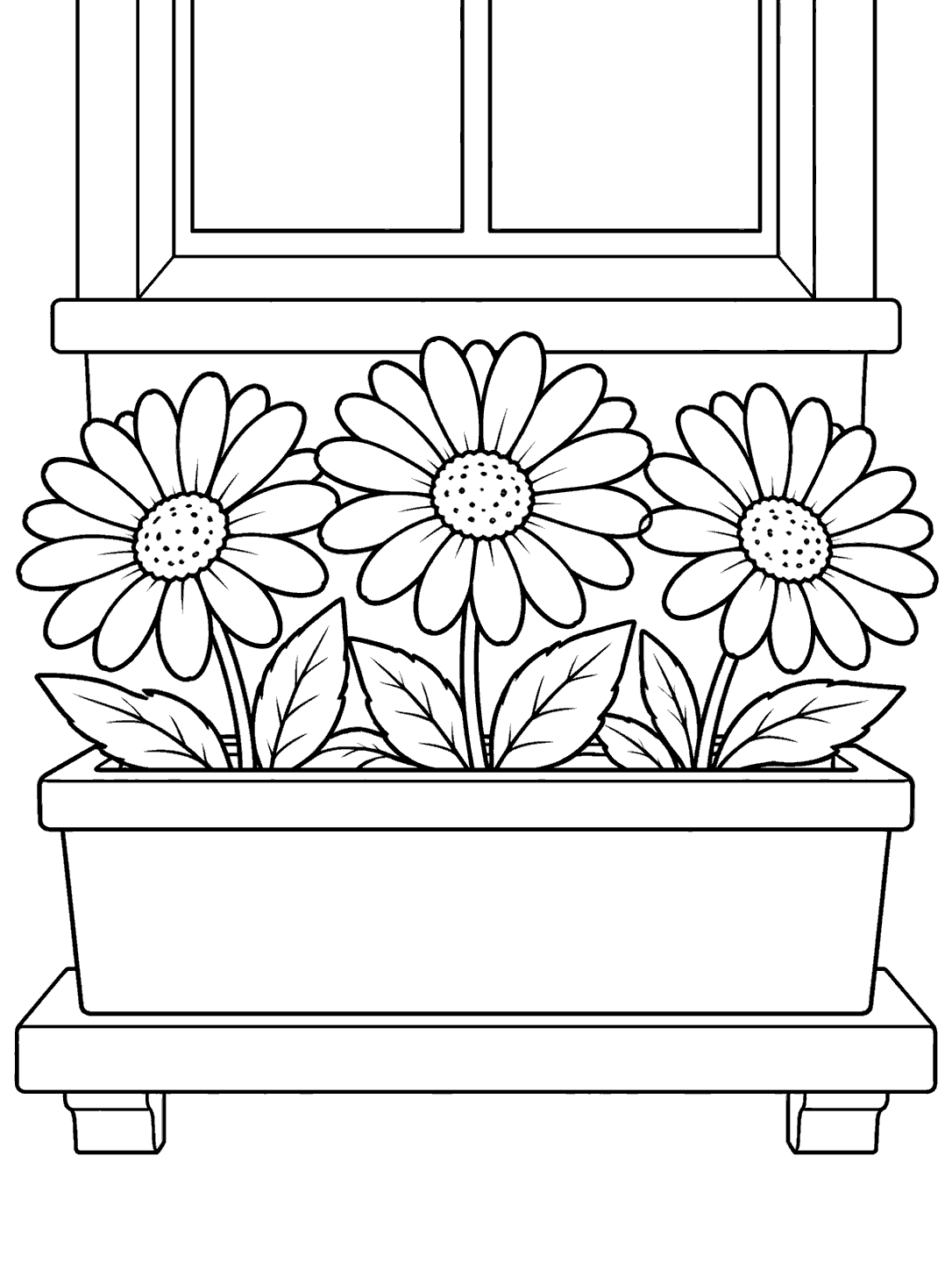 Black-and-white coloring page showing three large daisies and leaves in a blank-front window box beneath a simple window.