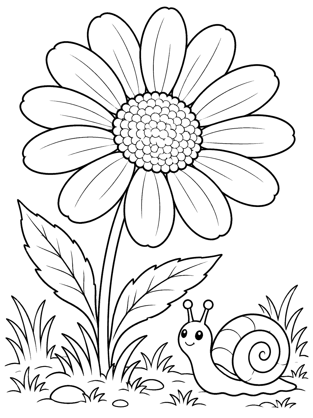 A smiling snail with a spiral shell beside a large daisy, surrounded by grass, in a black-and-white coloring page.