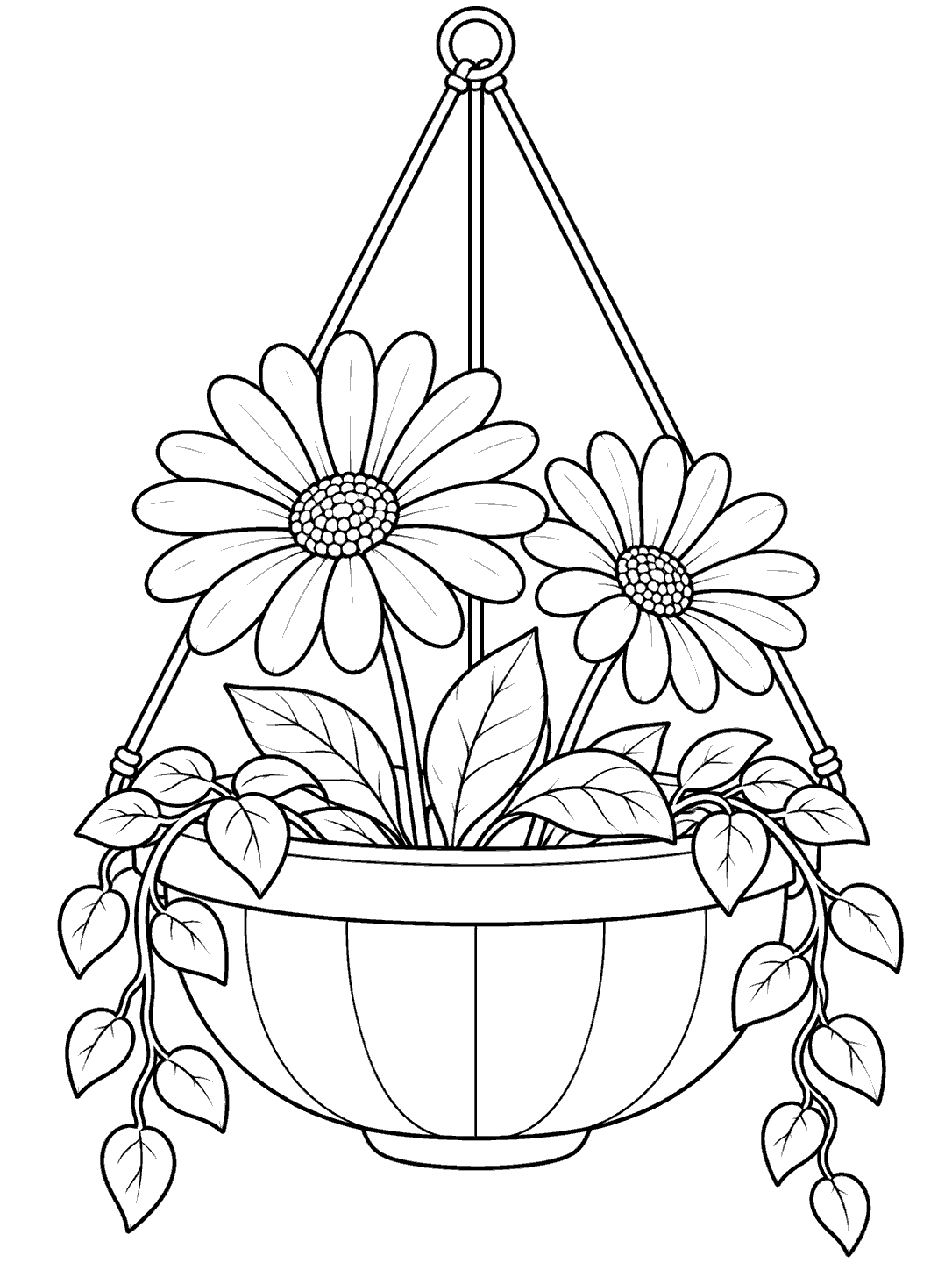 Black-and-white coloring page showing two daisies and trailing leaves in a hanging planter