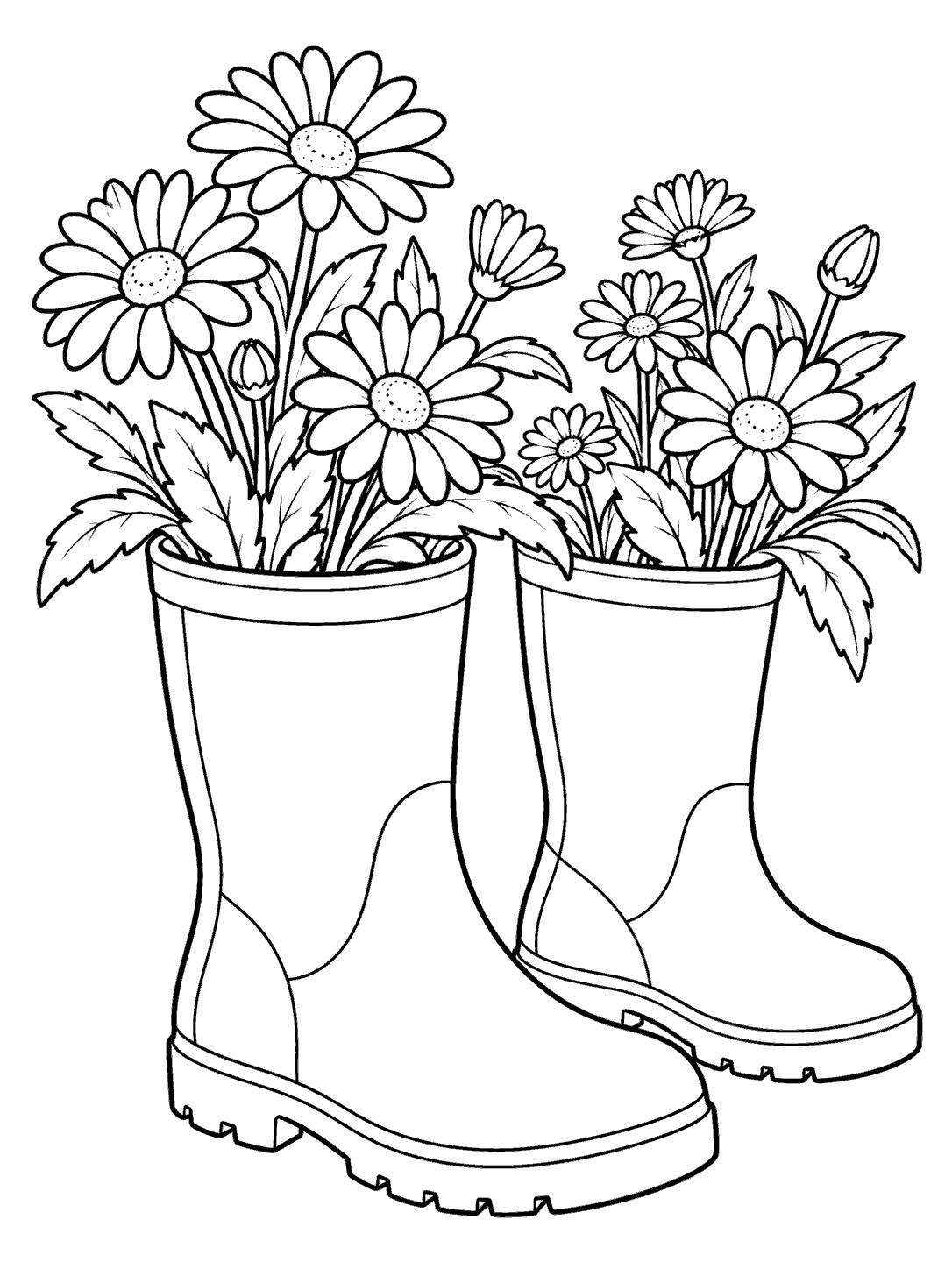A pair of rain boots used as planters, filled with daisies and leaves, in a black-and-white coloring page.