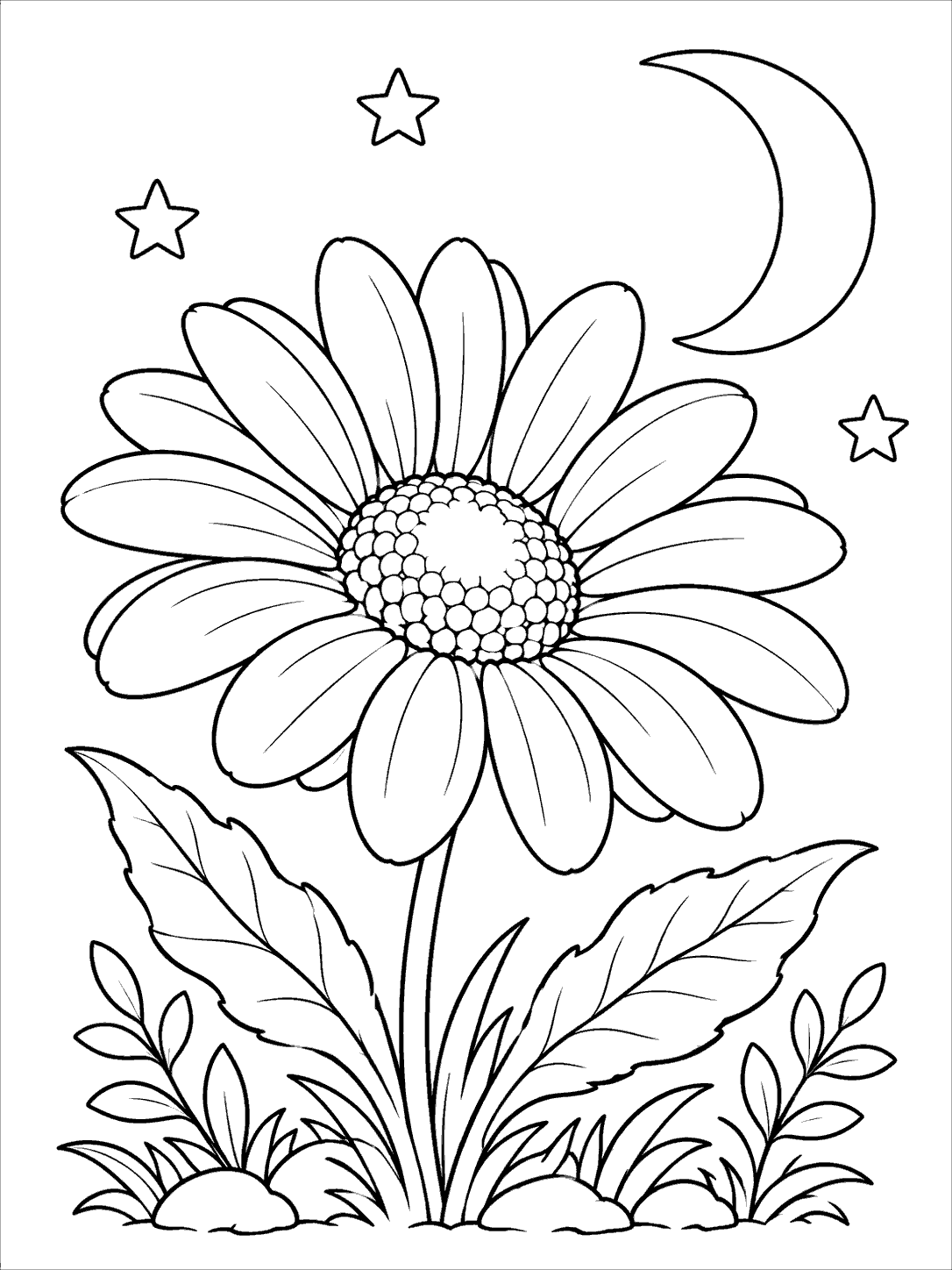 Large daisy with leaves beneath a crescent moon and three outlined stars, printable coloring page