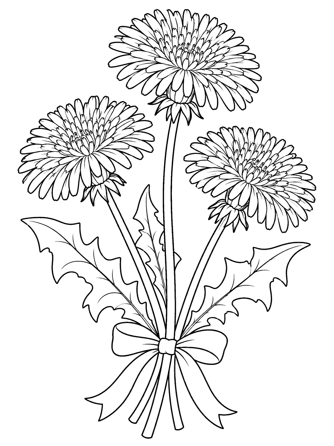 Three dandelion blooms with long stems, leaves, and a bow