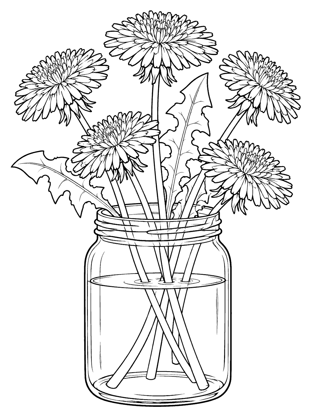Five outlined dandelion flowers and leaves arranged in a wide-mouth glass jar.
