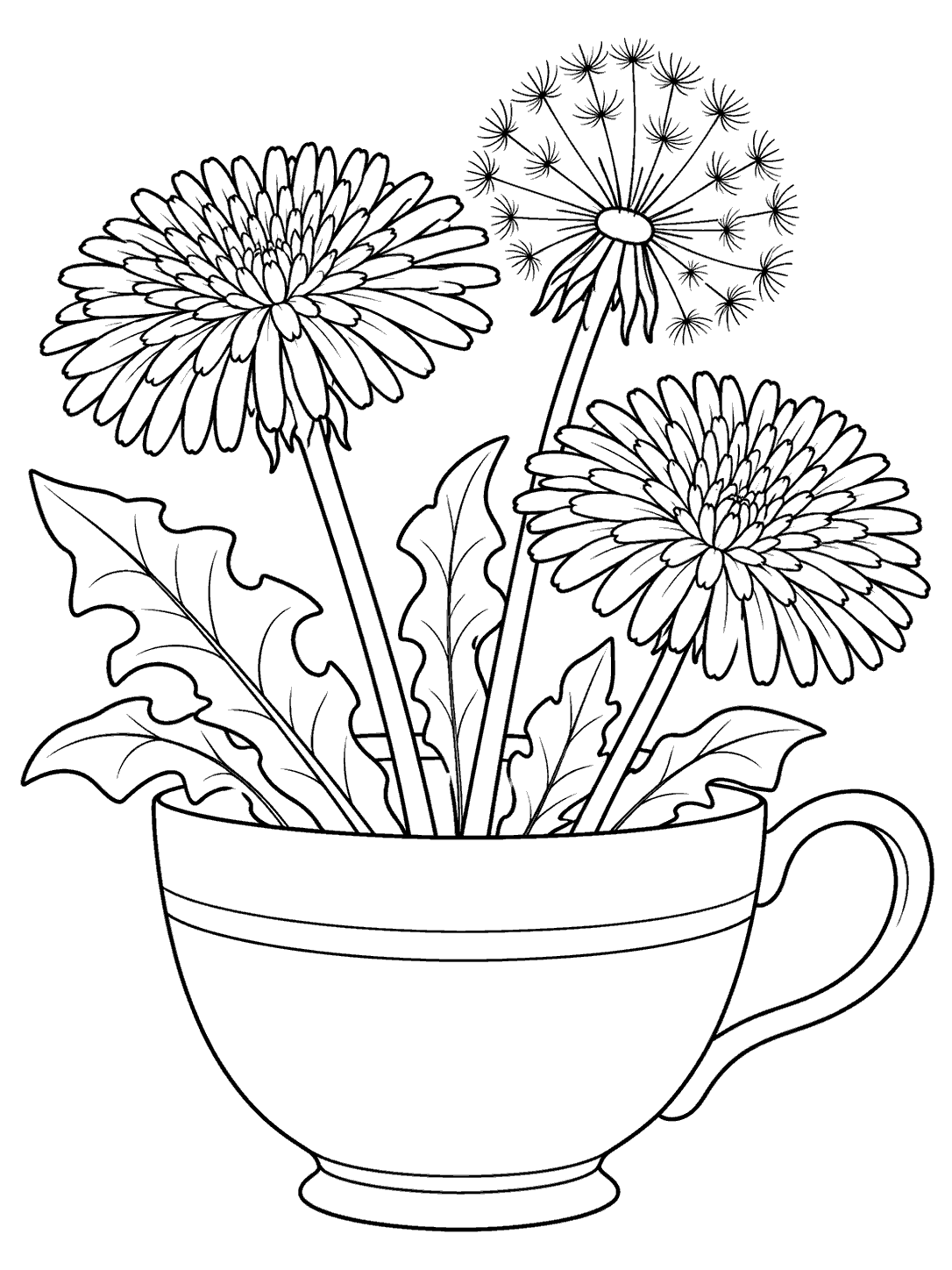Three dandelion stems with leaves in a handled teacup, drawn in black outlines.