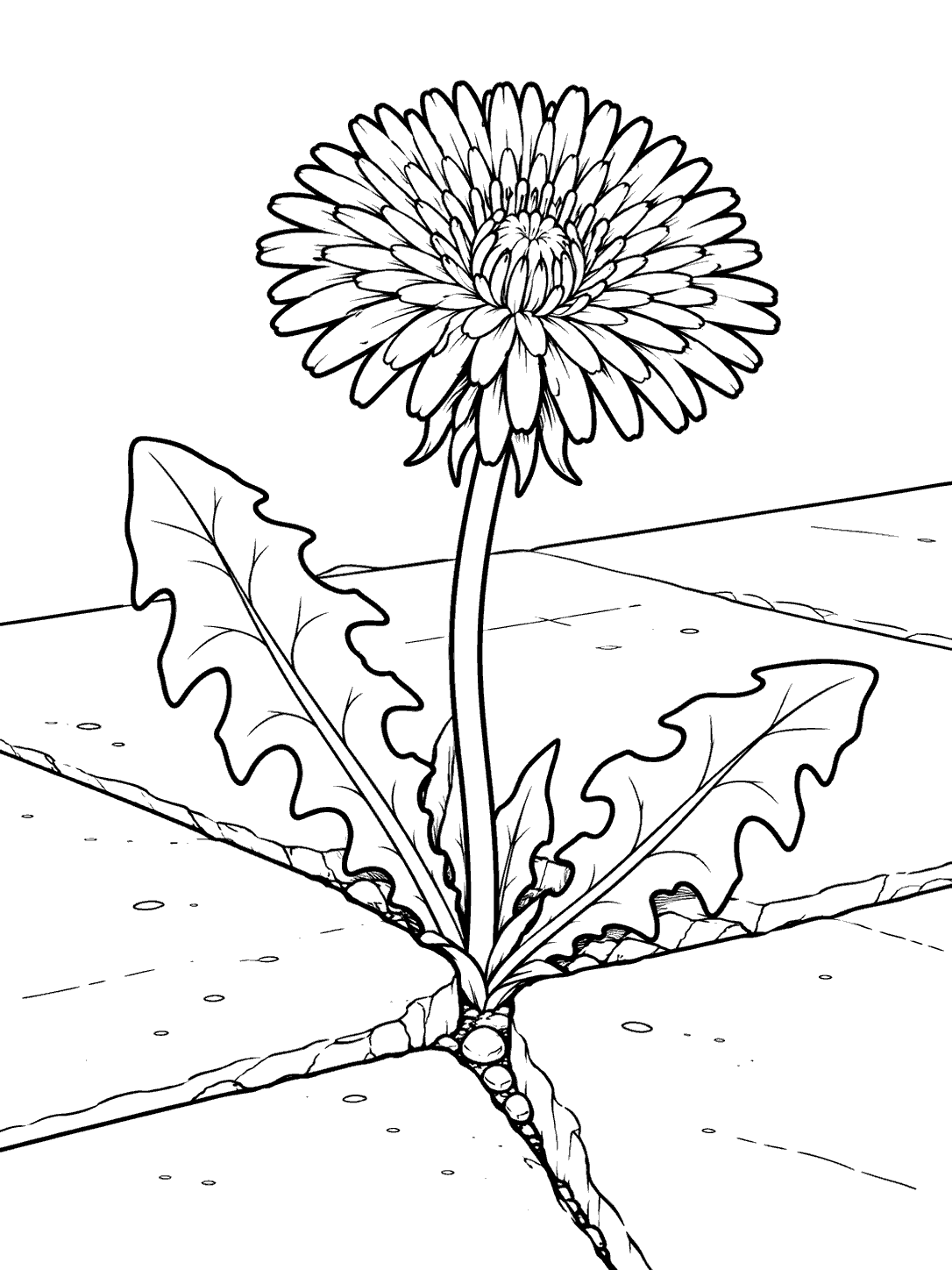 A large open dandelion with two leaves growing from a crack between sidewalk slabs.