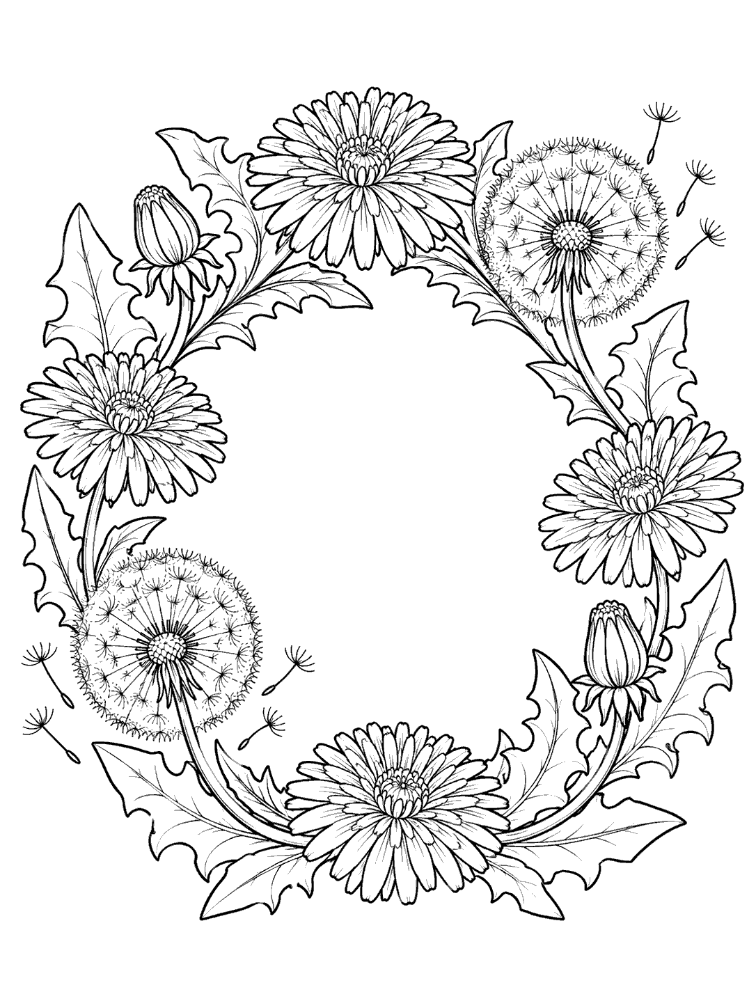Black ink coloring page of an open-centered wreath with dandelion blooms, seed heads, and broad leaves.