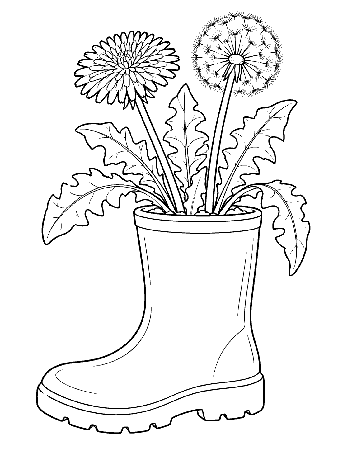 Dandelion plant with one flower and one rounded seed head growing in a plain rain boot planter.