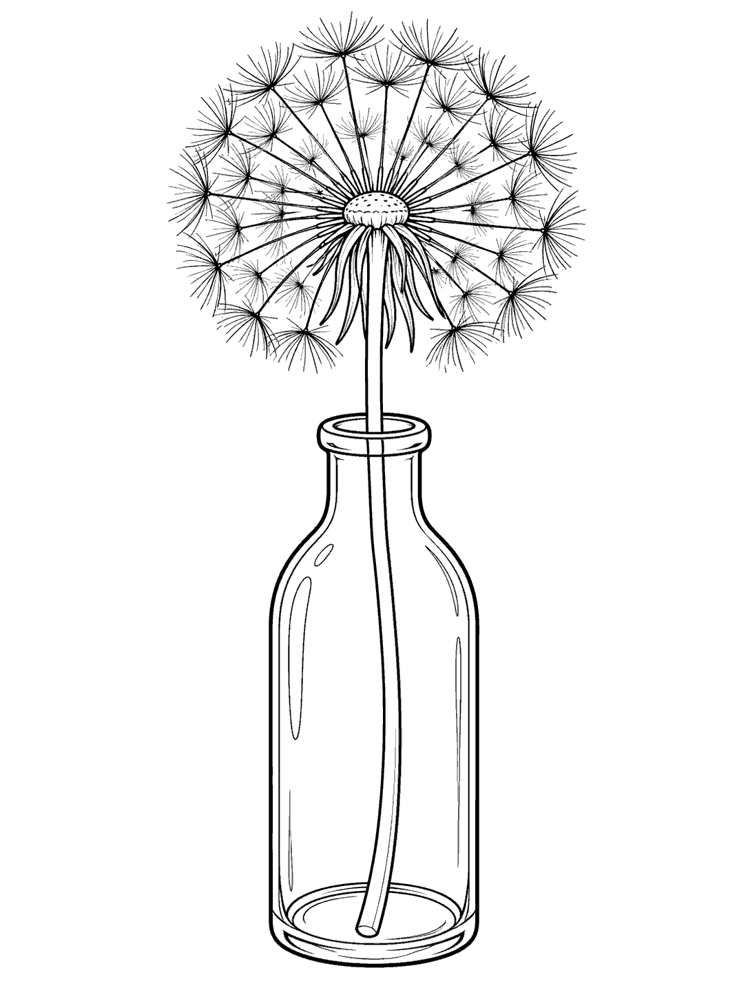 Black ink coloring page of a full dandelion seed head on a long stem inside a narrow glass bottle