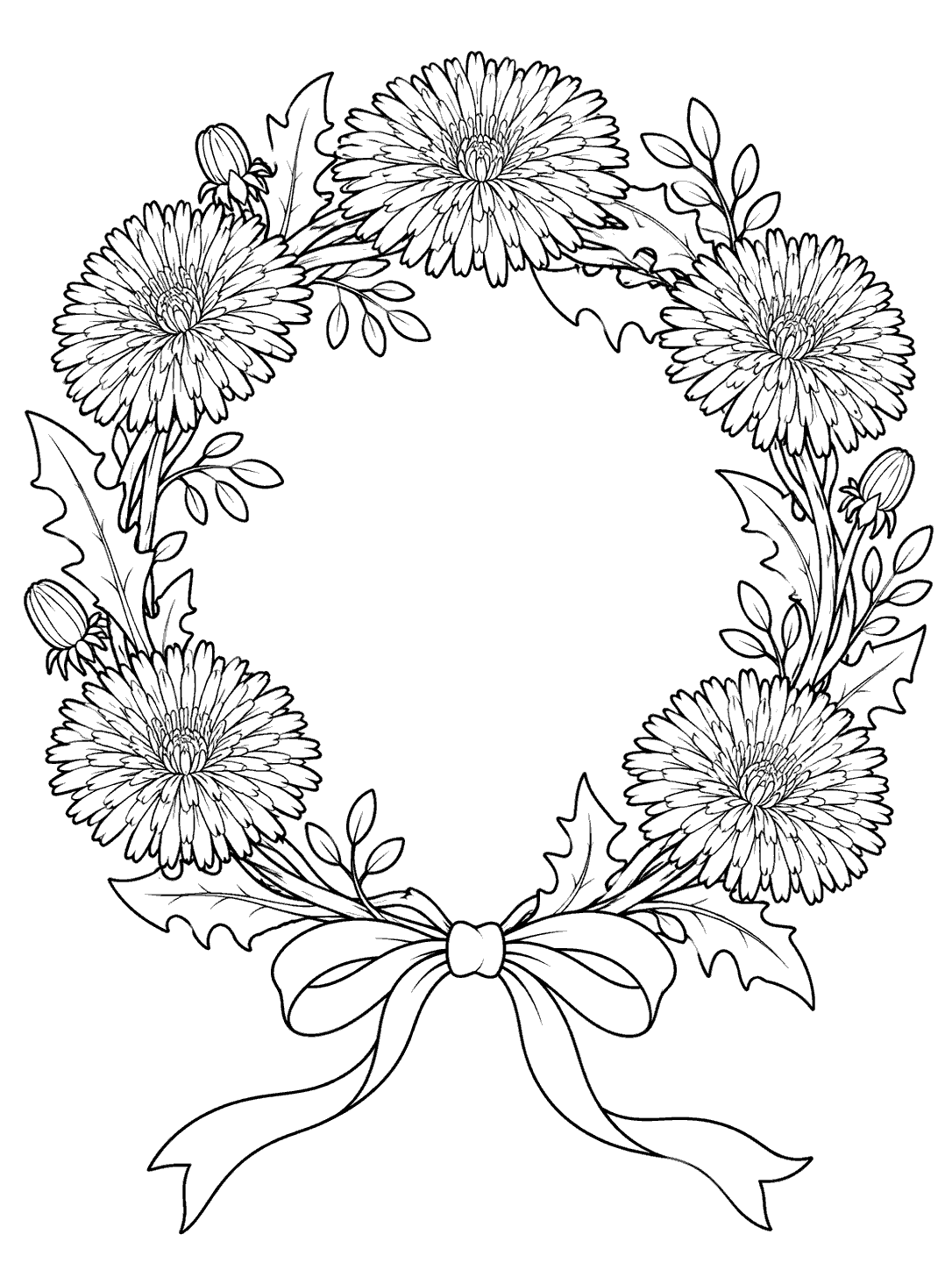 Portrait coloring page with five large dandelion blooms and leafy sprigs arranged in an oval crown, finished with a ribbon at the bottom.