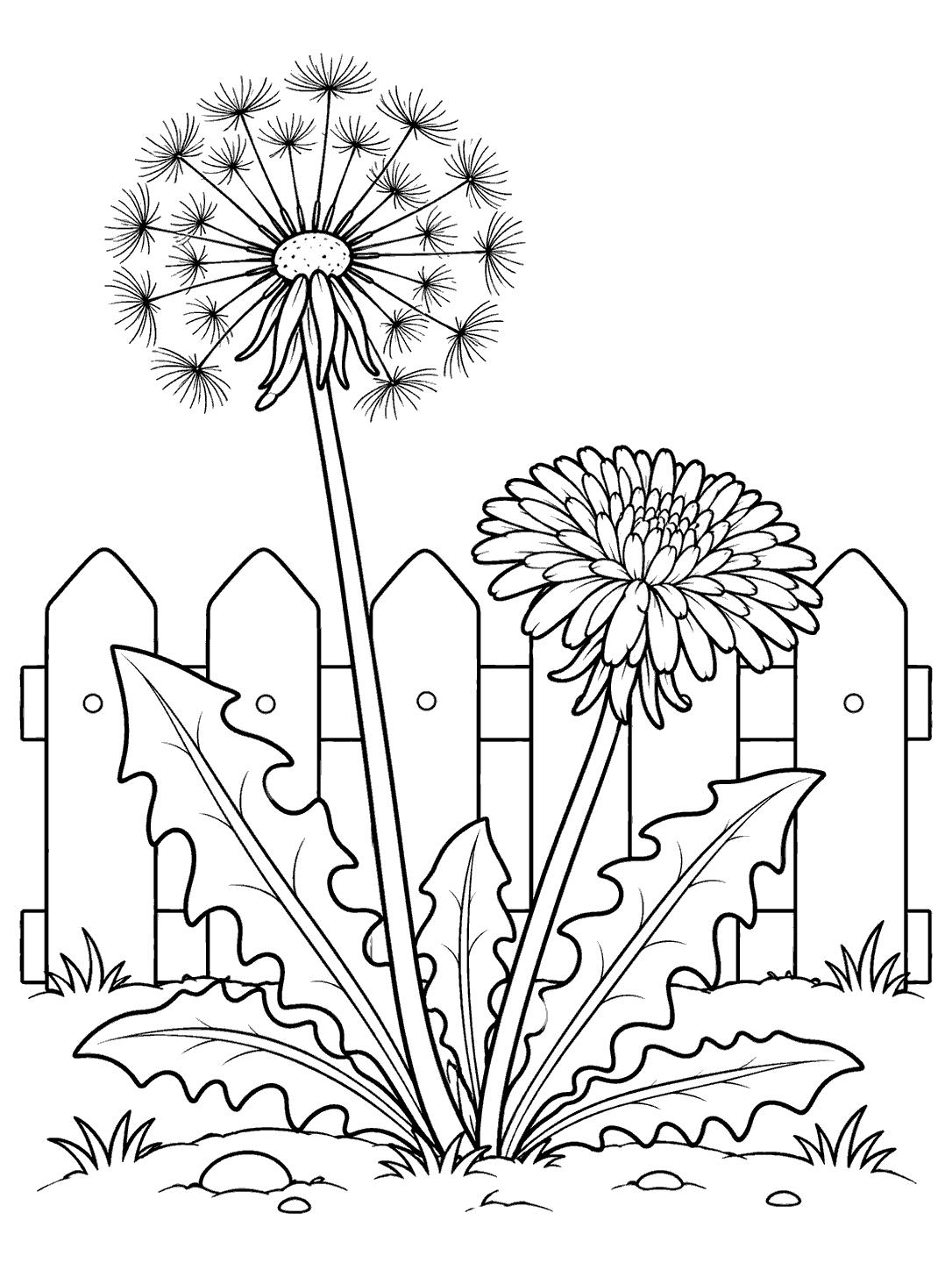 Two dandelion plants of different heights, with a seed head and a full bloom, in front of a picket fence
