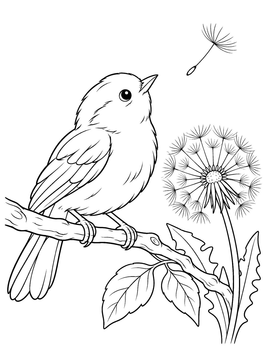 Black ink coloring page showing a small songbird on a leafy branch beside an open dandelion and one drifting seed.