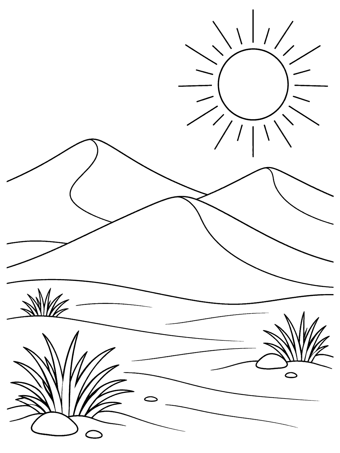 Black-outline coloring page showing three curving desert dunes, a radiating sun, and sparse plants and stones.