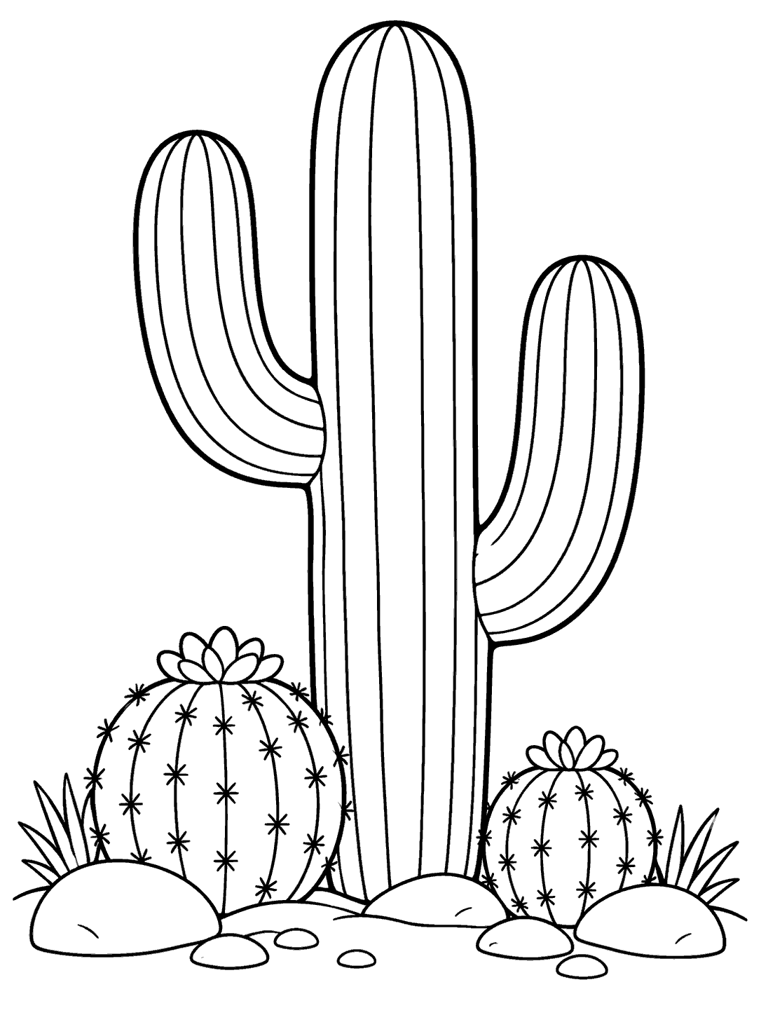 Black and white coloring page with a tall branching saguaro, two rounded cacti, and stones at its base.