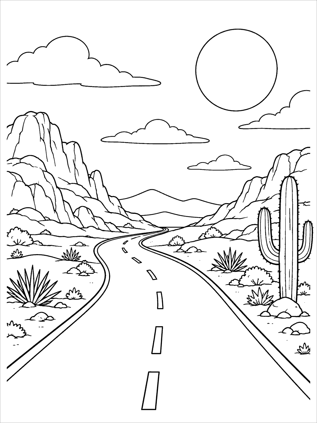 A winding two-lane road leads between rocky desert hills, with cacti, sparse shrubs, and clouds.