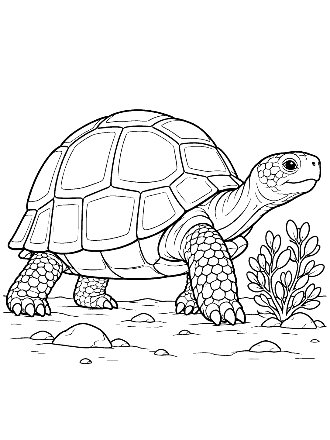 Black-and-white coloring page showing a large, panel-shelled desert tortoise walking beside a leafy desert plant, with rocks and ground lines.