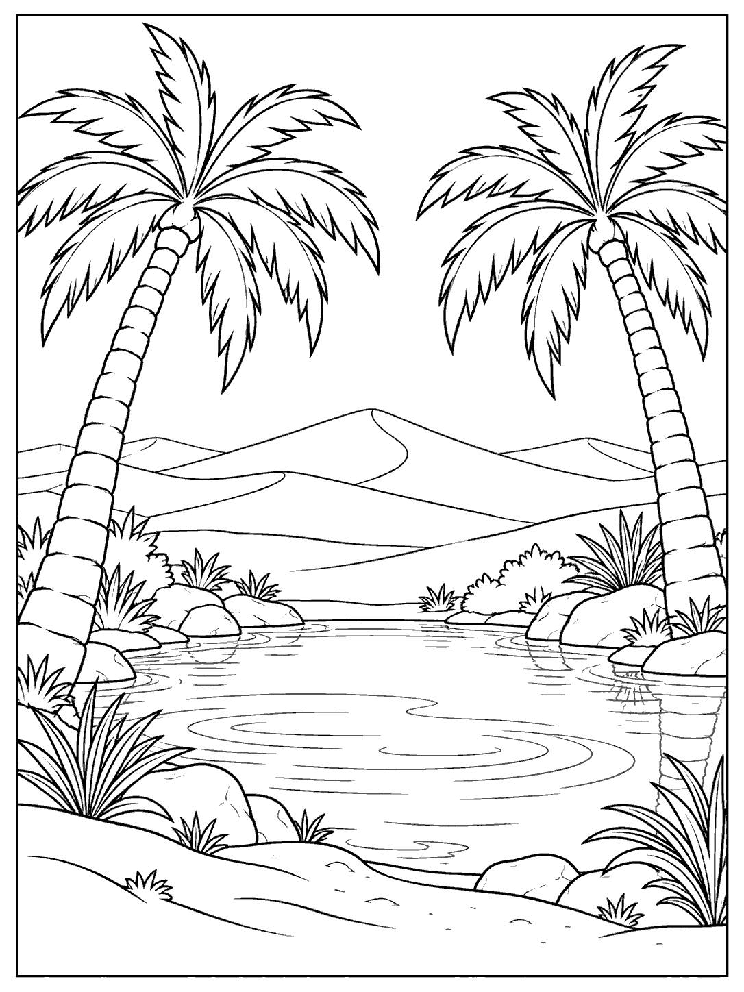 Two palm trees frame a rippled oasis pool, with distant dunes and a sandy bank.