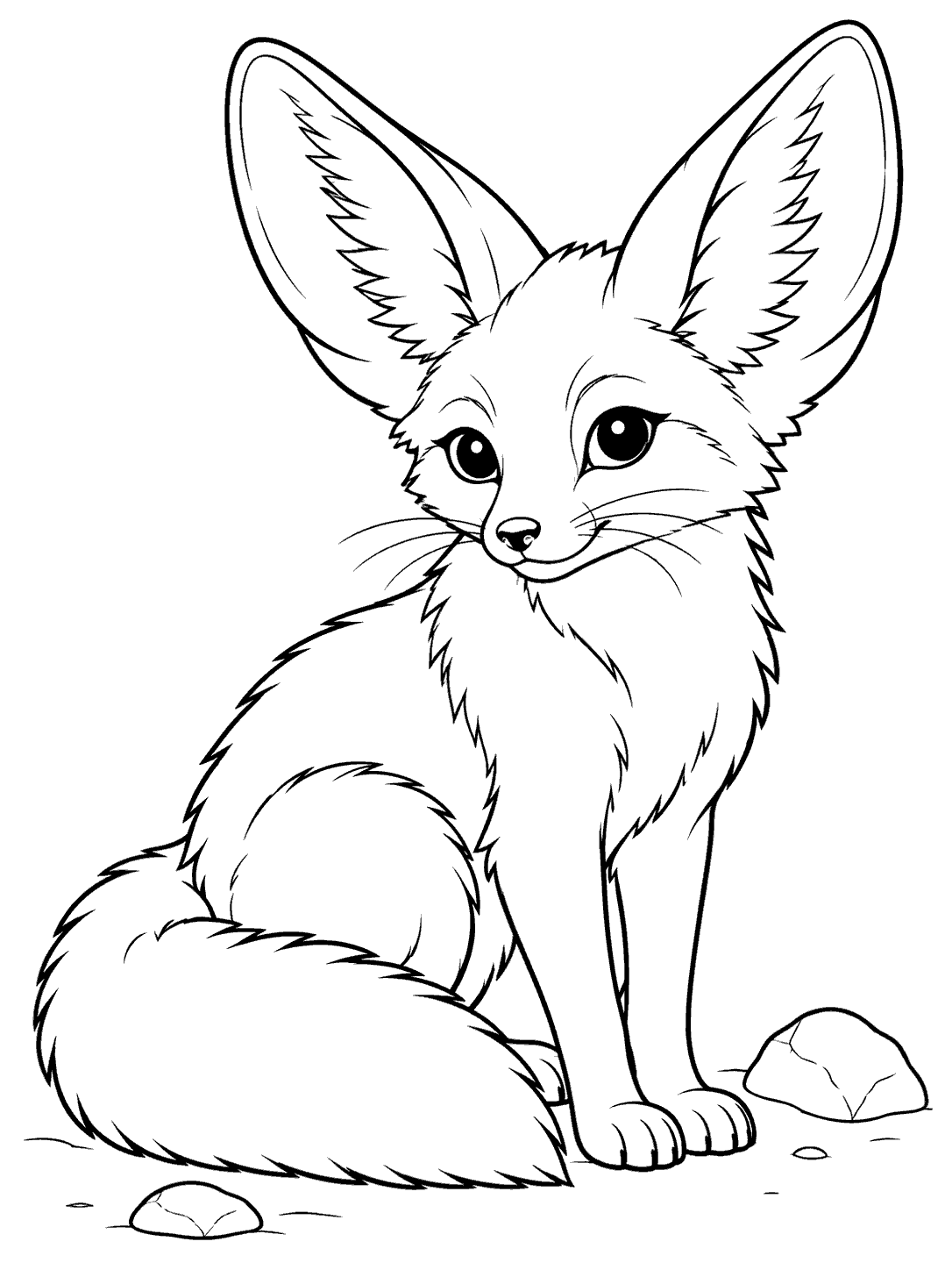 Black ink coloring page of a seated fennec fox with oversized ears, a curled tail, and two stones nearby.