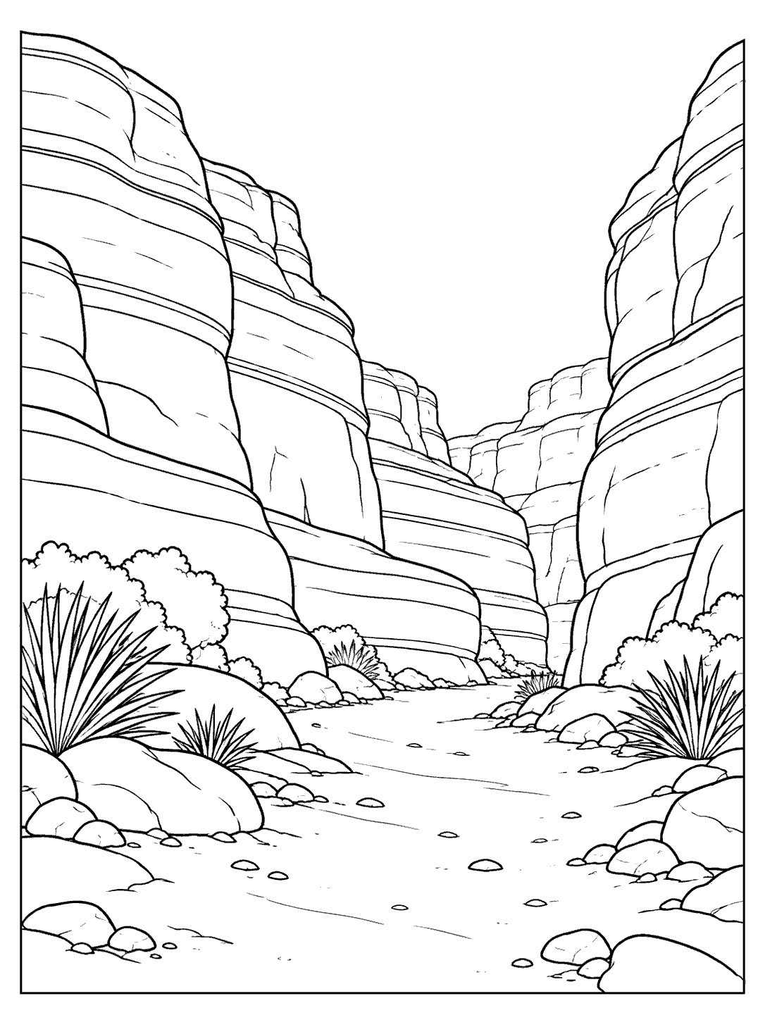 Black-and-white coloring page of layered desert canyon walls, open sky, and a sandy path winding between rocks and desert plants.