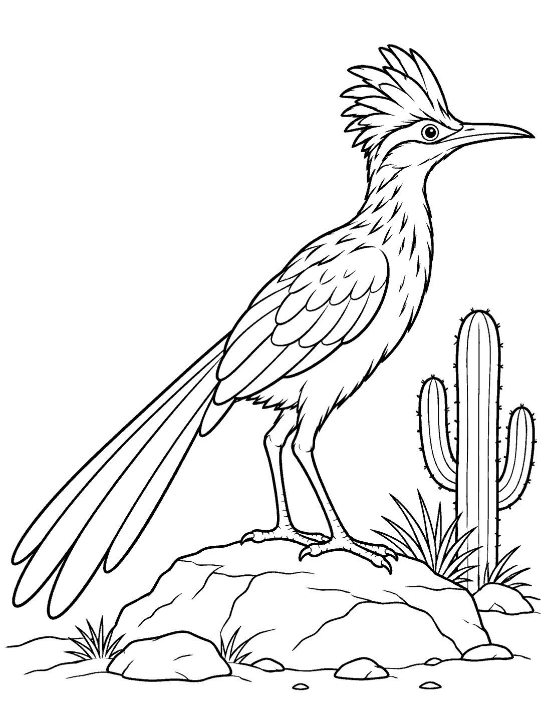 Black-and-white line art of a crested roadrunner in profile on a low rock beside a cactus.