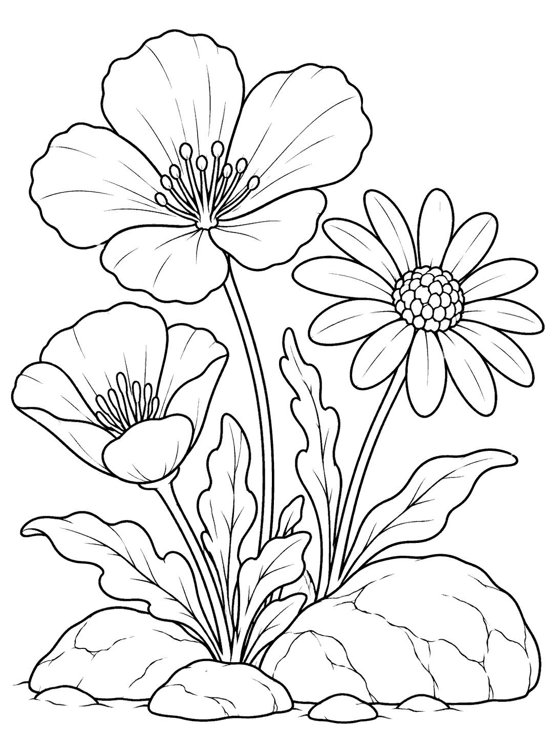 Three distinct desert wildflowers with broad petals and leaves growing among stones in a black-and-white coloring page.