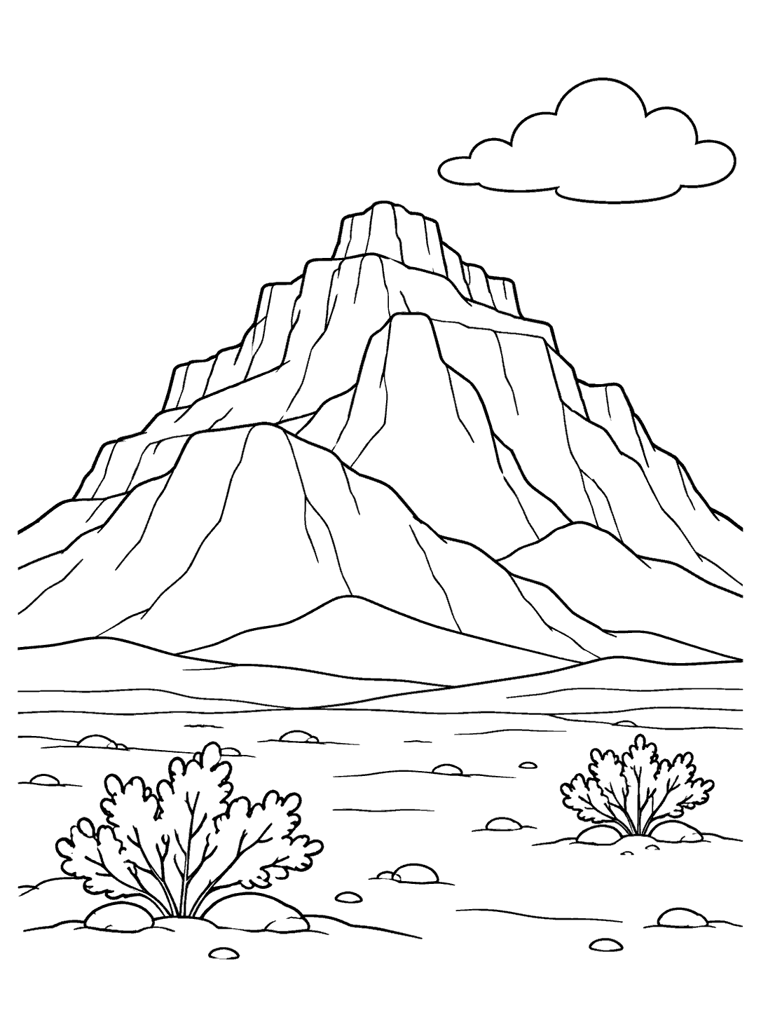 Black line art of a broad stepped mountain above a flat desert foreground, with two shrubs and a cloud.