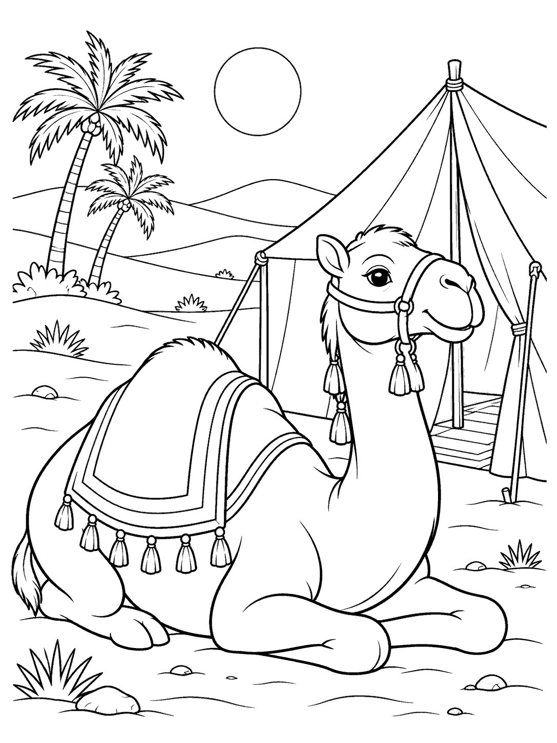 A resting camel with a decorative saddle blanket beside a tall fabric tent in a desert scene with palms and dunes.