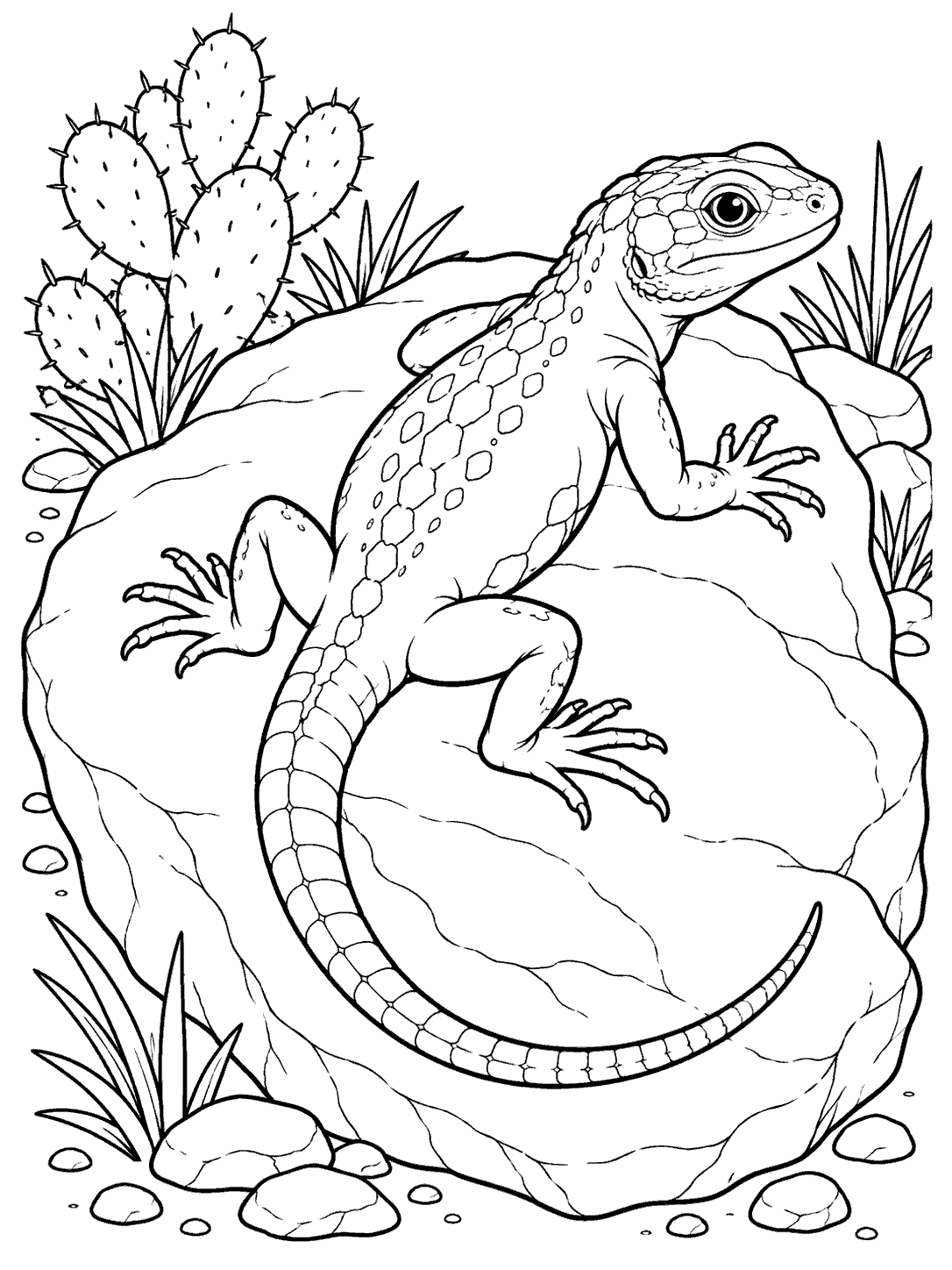 A large lizard with a long curved tail resting on a flat rock, surrounded by cacti, grasses, and small stones.