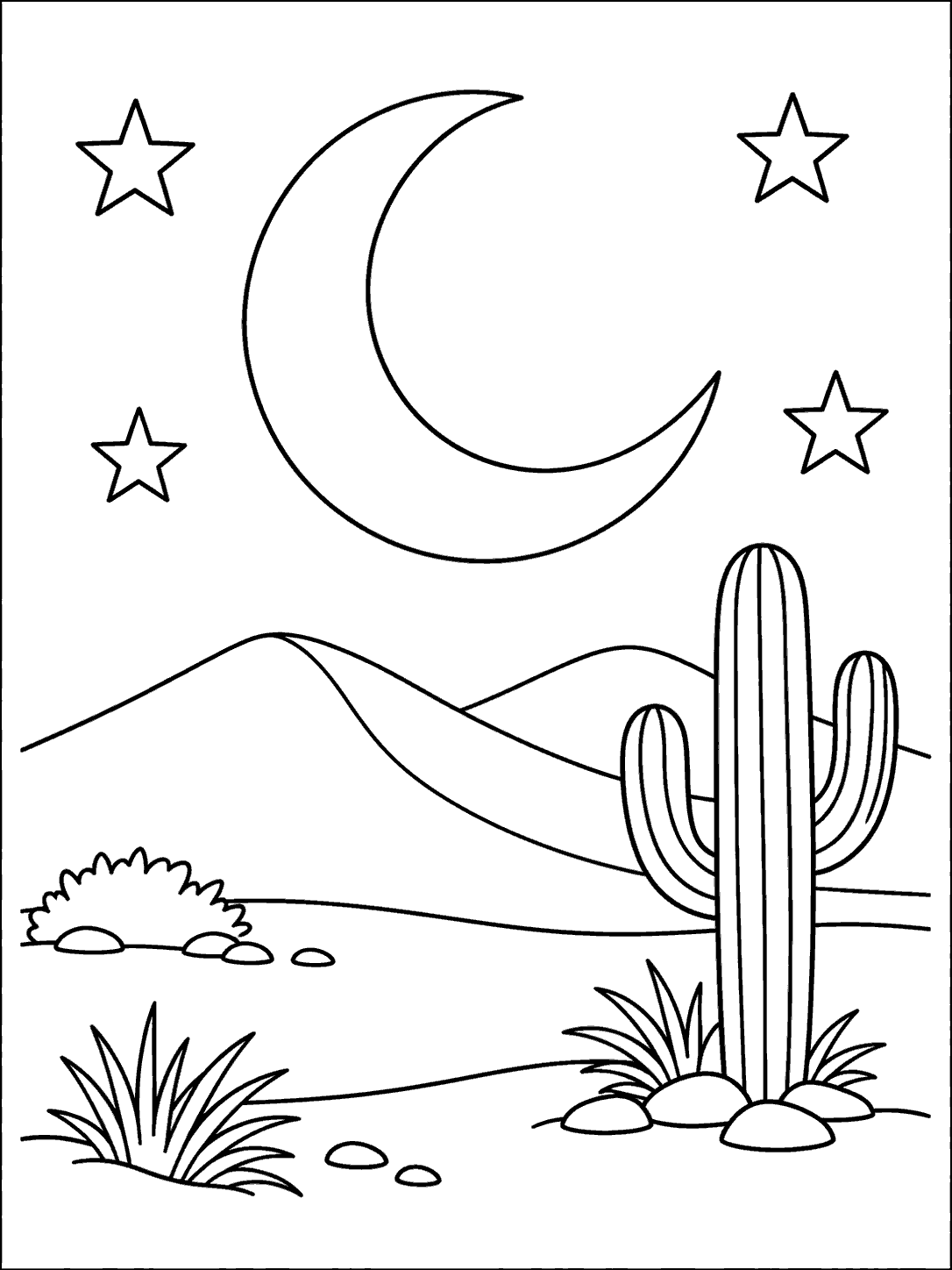 A large crescent moon and four outlined stars above layered desert dunes, with a saguaro cactus and desert plants in the foreground.