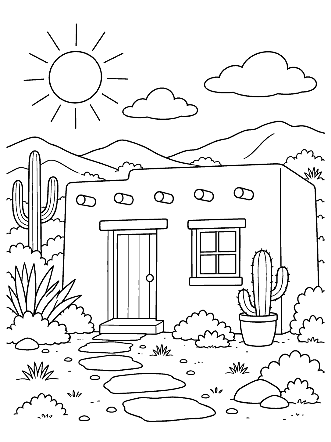 Black-and-white coloring page of a flat-roof adobe home among desert hills, with a path and potted cactus.
