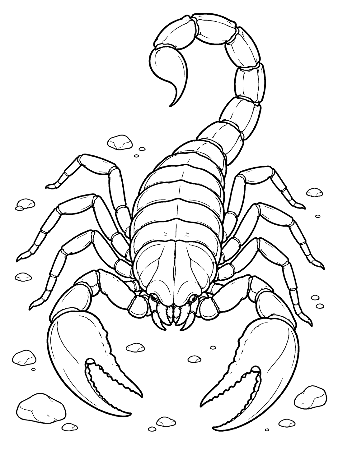 Overhead scorpion with curved tail, open claws, eight legs, and scattered pebbles in black line art.