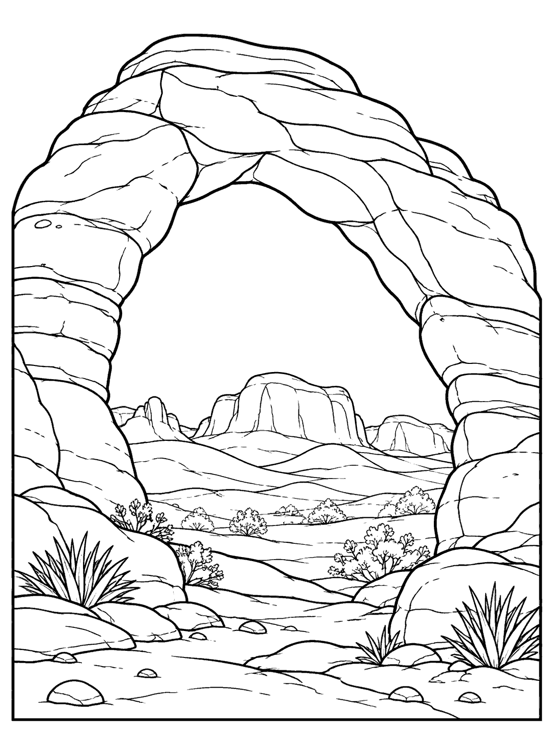 Black and white coloring page of a broad banded stone arch framing distant desert mesas, rolling hills, shrubs, and spiky plants.
