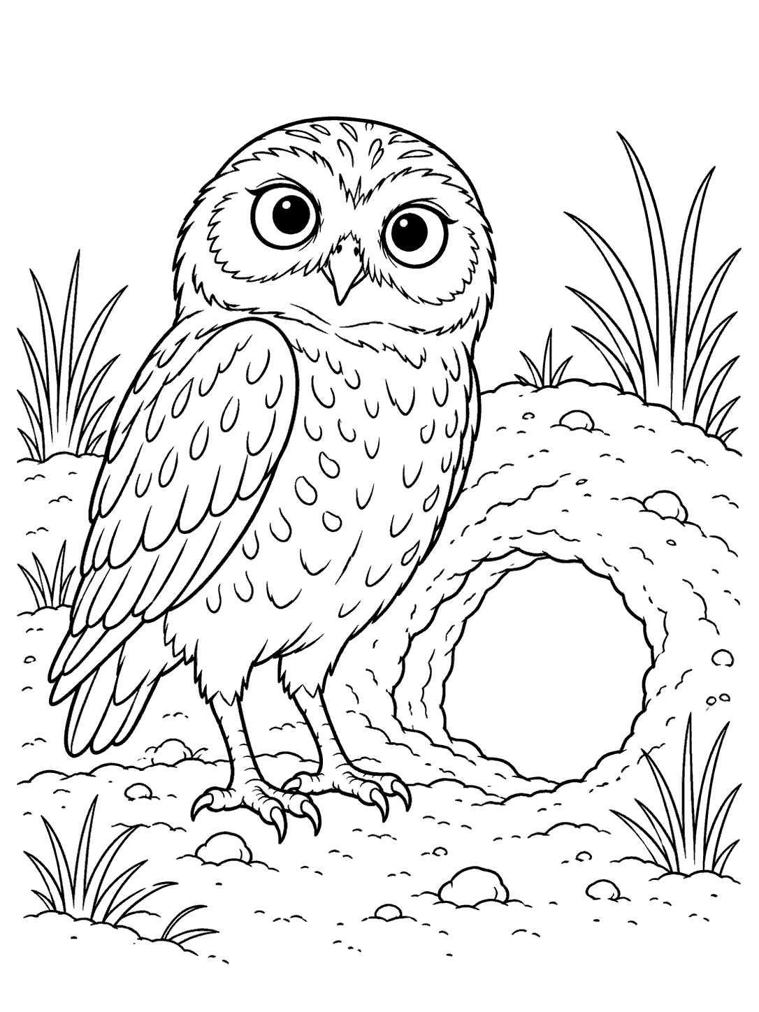 Burrowing owl beside an open burrow entrance, surrounded by a simple mound and sparse grasses.