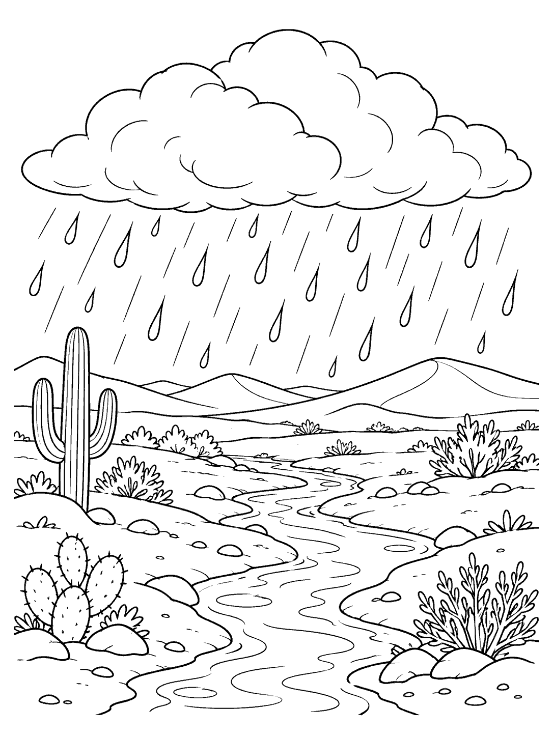 A broad cloud sends long raindrops over a winding desert wash, low dunes, cacti, and shrubs.