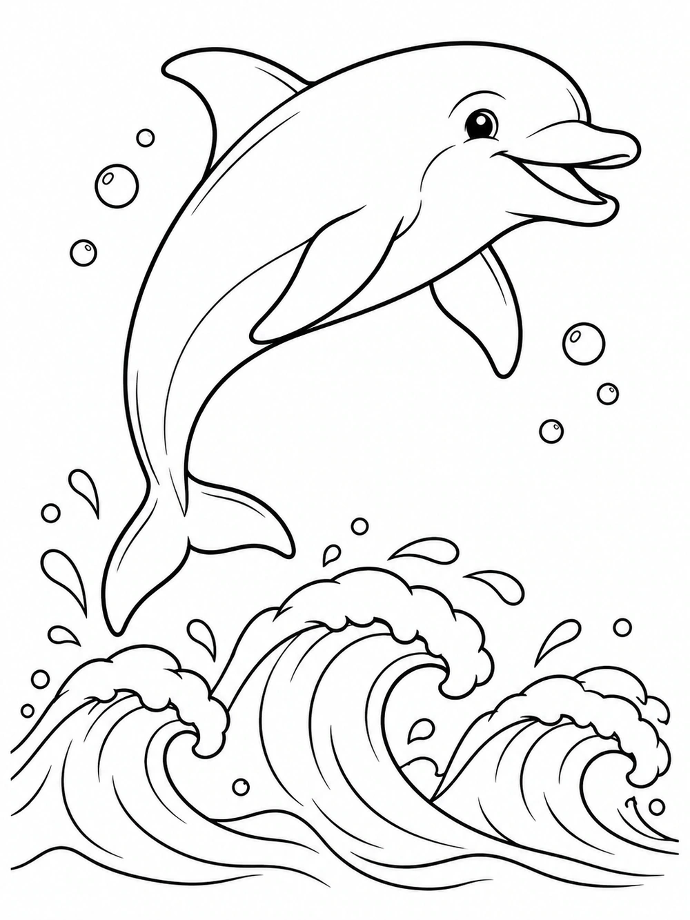 Black-and-white coloring page showing a dolphin arcing above curling waves with bubbles.