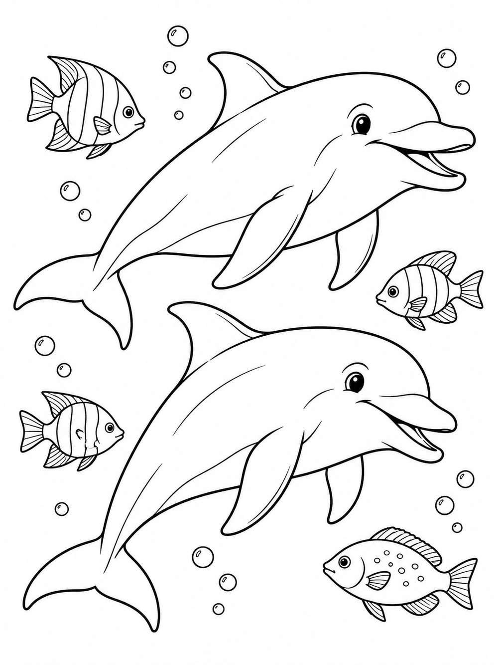 Two bottlenose dolphins swimming side by side with four fish and bubbles on a coloring page